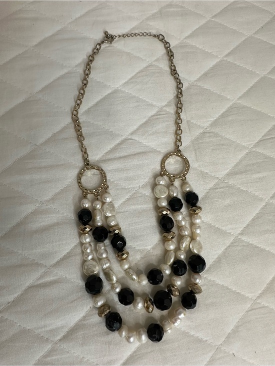 Jewelry - Multi-Strand Faux Pearl and Black Bead Statement Necklace - Gold Tone Jewelry